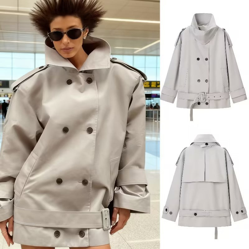 Women's short trench-style jacket with high standing collar, double-breasted front and waist belt Chichicherry