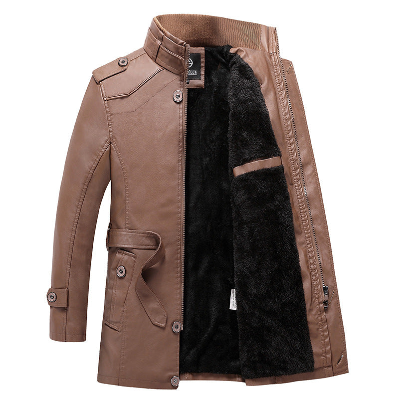 Men's Tailored Leather Trench Coat with Belt and Decorative Seams Chichicherry