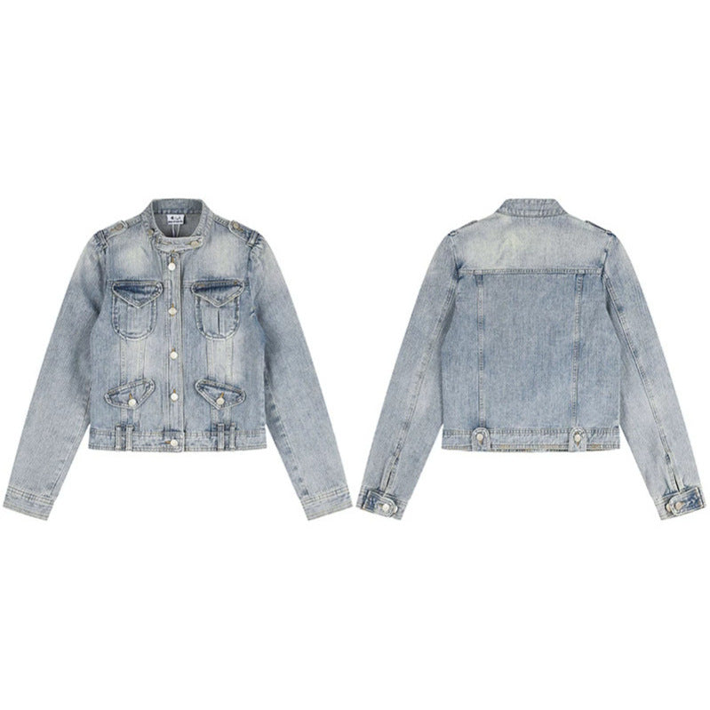 Women's Short Denim Jacket in Military Style with Stand Collar, Shoulder Epaulets and Flap Pockets Chichicherry