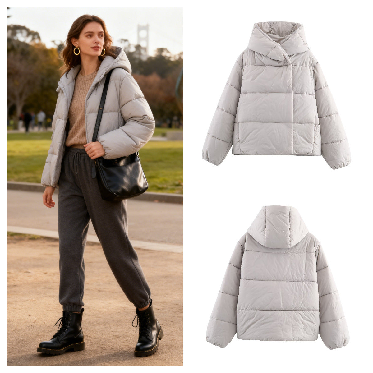 Women short cut oversized quilted jacket with high wrap collar and padded lining Chichicherry