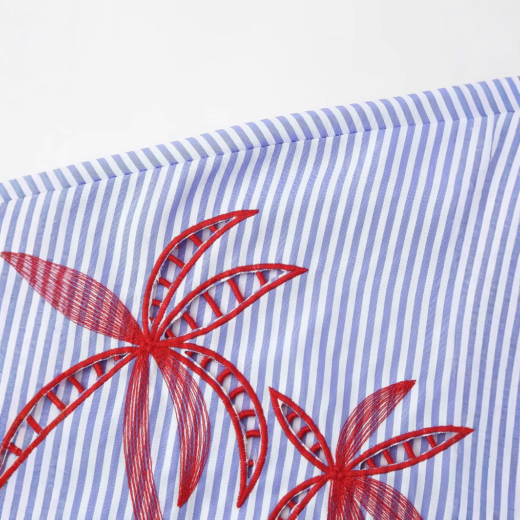 Women Oversized Shirt Blouse with Pinstripes, Palm Embroidery and Three-Quarter Sleeves Chichicherry