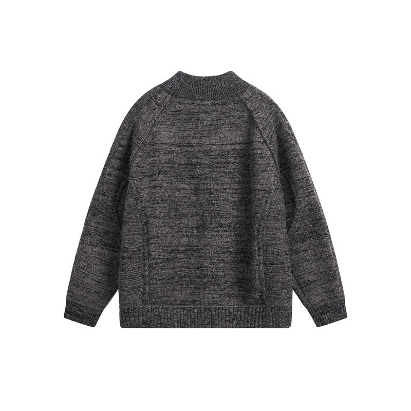 Unisex Thick Knit Zip Jacket with High Stand-Up Collar and Two-Way Zipper Chichicherry