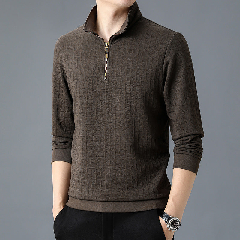 Men's Structure Jacquard Sweater with Short Zipper and Stand-Up Collar Chichicherry