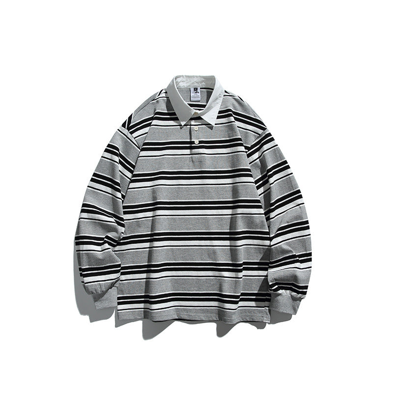 Unisex Oversize-Long Sleeve-Rugby Shirt with Contrast Collar and Distinctive Striped Pattern Chichicherry