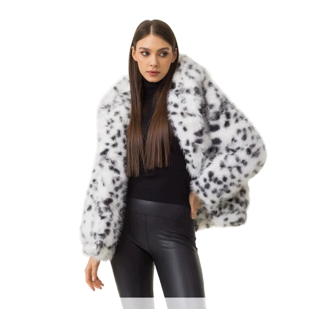 Women Short Hooded Faux Fur Jacket with Boxy Silhouette and Polka Dot Shaggy Texture Chichicherry