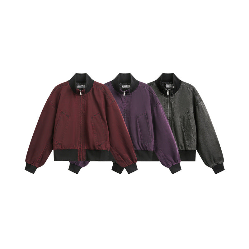 Unisex Short Cut Satin Bomber in Boxy Cut with Contrasting Ribbed Collar and Balloon Sleeves Chichicherry