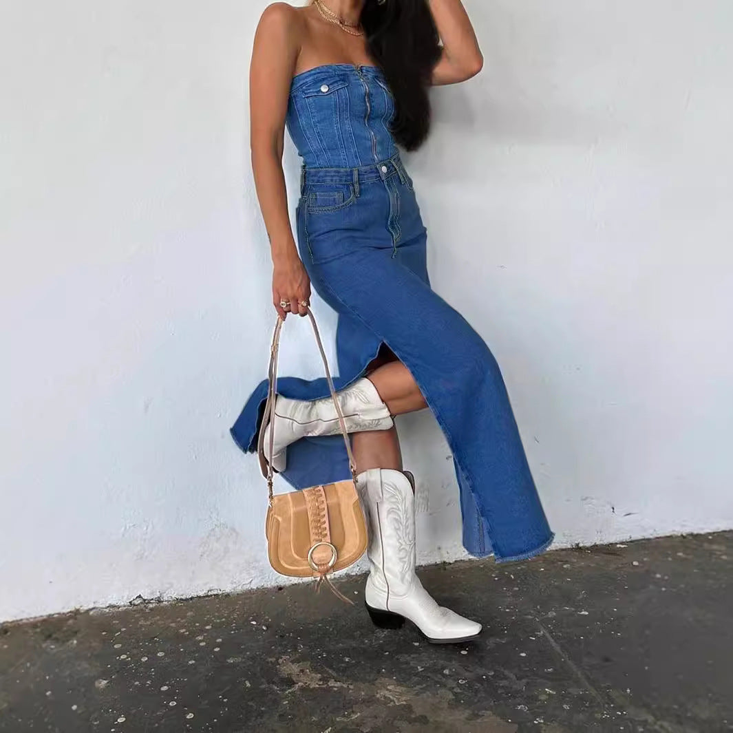 Ladies High-Waist Maxi Skirt made of Denim with front decorative seam and side leg slit Chichicherry