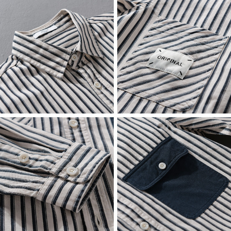 Men Striped Overshirt with Contrast Chest Pockets and Kent Collar made of Cotton Blend Chichicherry