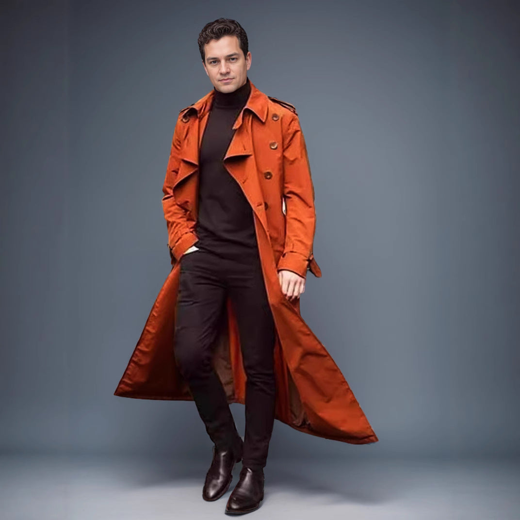 Herren Wasserabweisender Long-Trenchcoat mit doppelter Knopfleiste, Schulterklappen und verstellbarem Taillengürtel Chichicherry