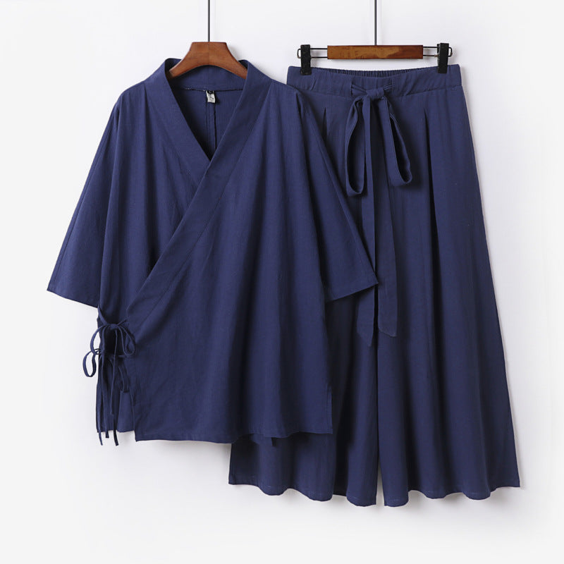 Women's Kimono Loungewear Set made of light viscose with wrap top and wide culotte skirt Chichicherry