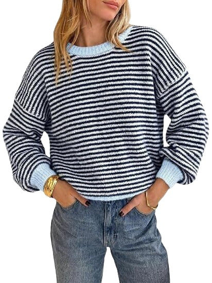 Women's Striped Rib Knit Sweater with Contrast Cuffs Chichicherry