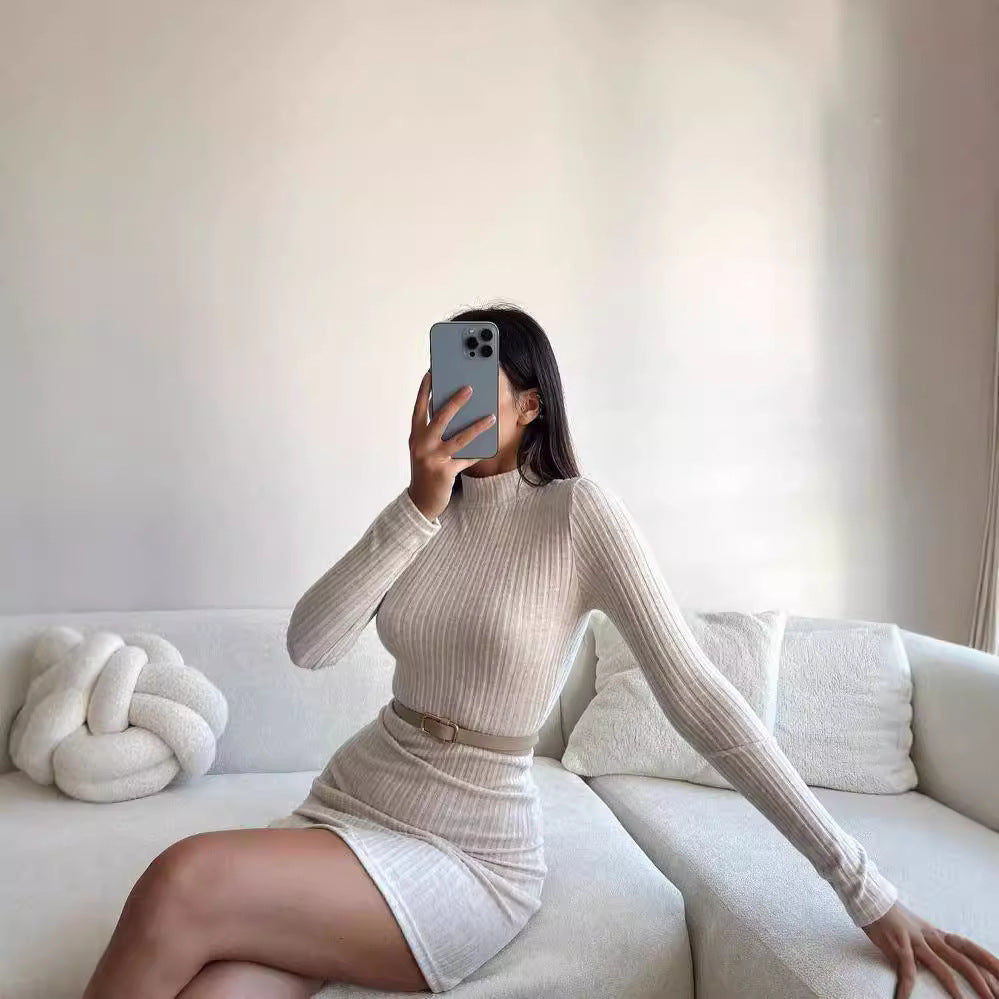 Damen Enganliegendes Rippstrick-Minikleid mit Rollkragen und langen Ärmeln Chichicherry