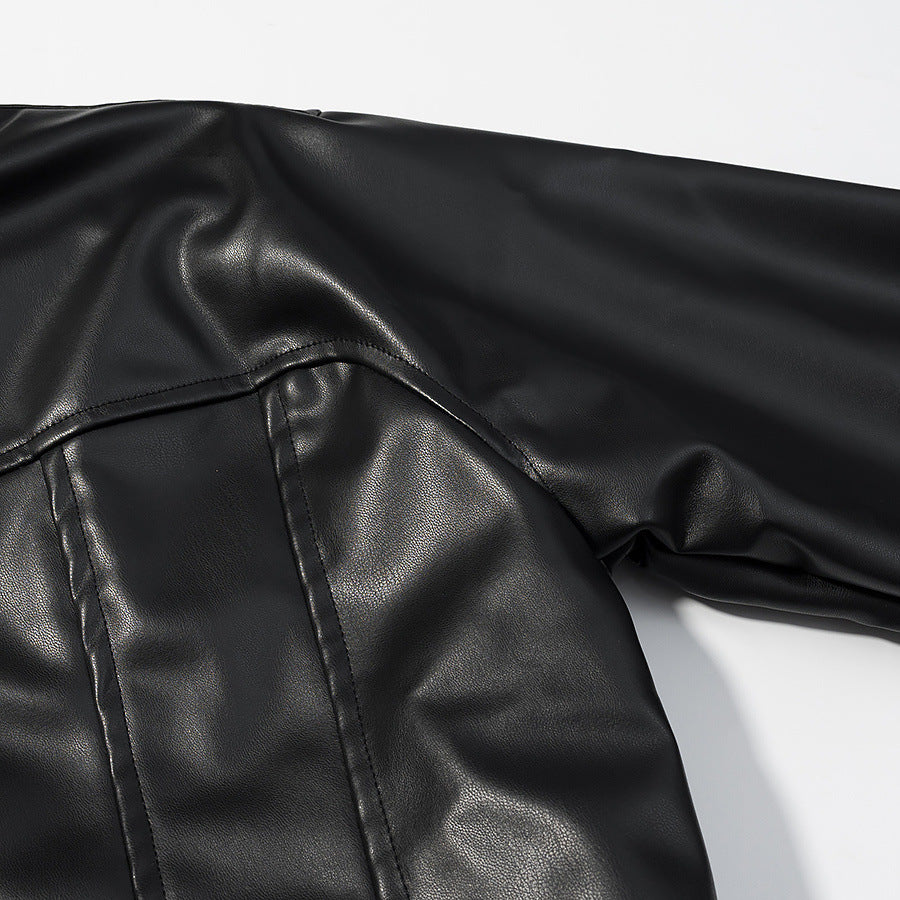 Women's Cropped Boxy Faux Leather Jacket with Stand Collar and Constructive Dart Seams Chichicherry
