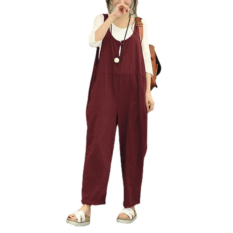 Women Casual Harem Jumpsuit made of Linen with Adjustable Straps and Side Pockets Chichicherry