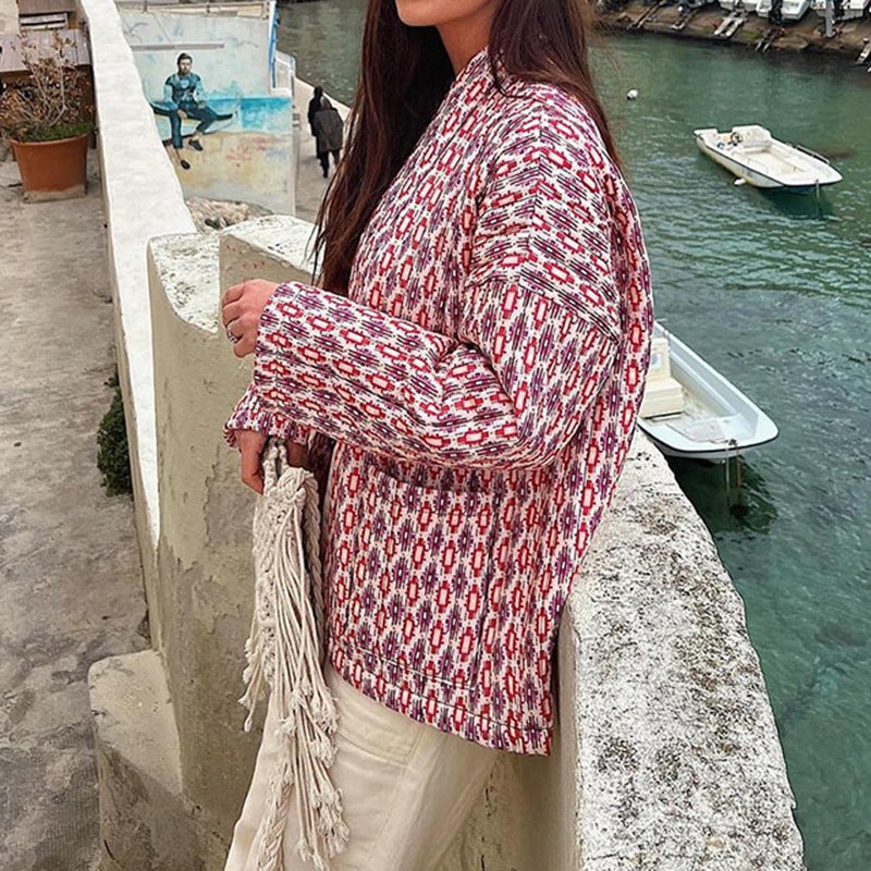 Women's Patterned Kimono Quilted Jacket with Open Front and Patch Pockets Chichicherry