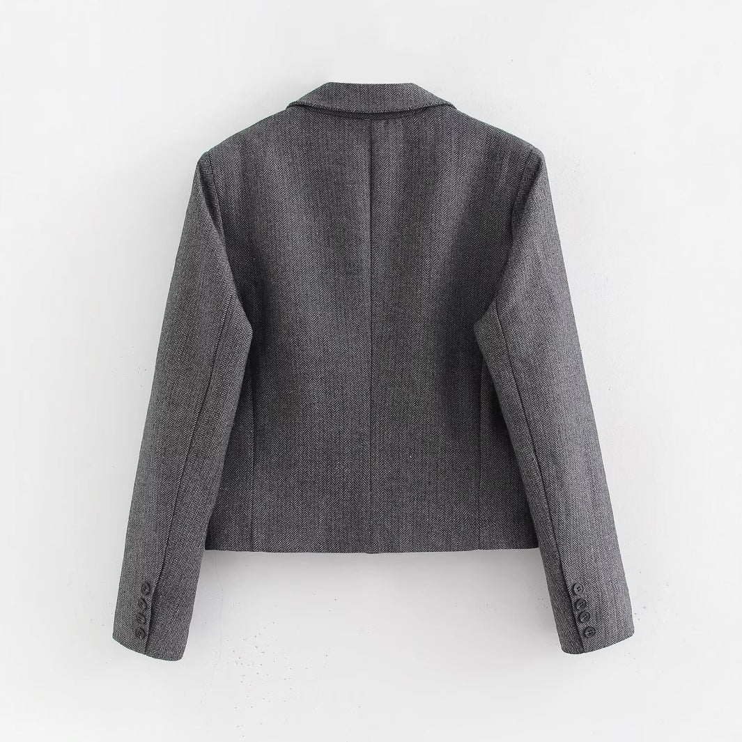 Women Short Cut Double Breasted Blazer in Houndstooth Pattern Chichicherry