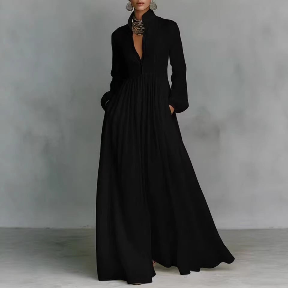 Damen Maxikleid mit Stehkragen, Knopfleiste und seitlichen Taschen Chichicherry