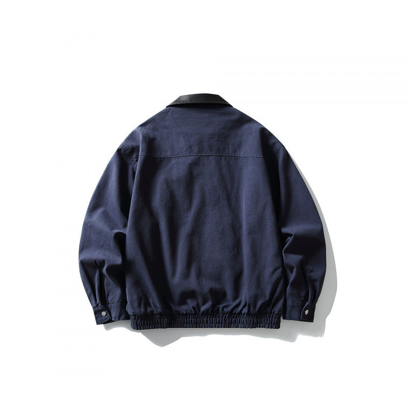 Men's Boxy Worker Jacket with Faux Leather Collar, Full-Length Zipper and Elastic Hem Chichicherry