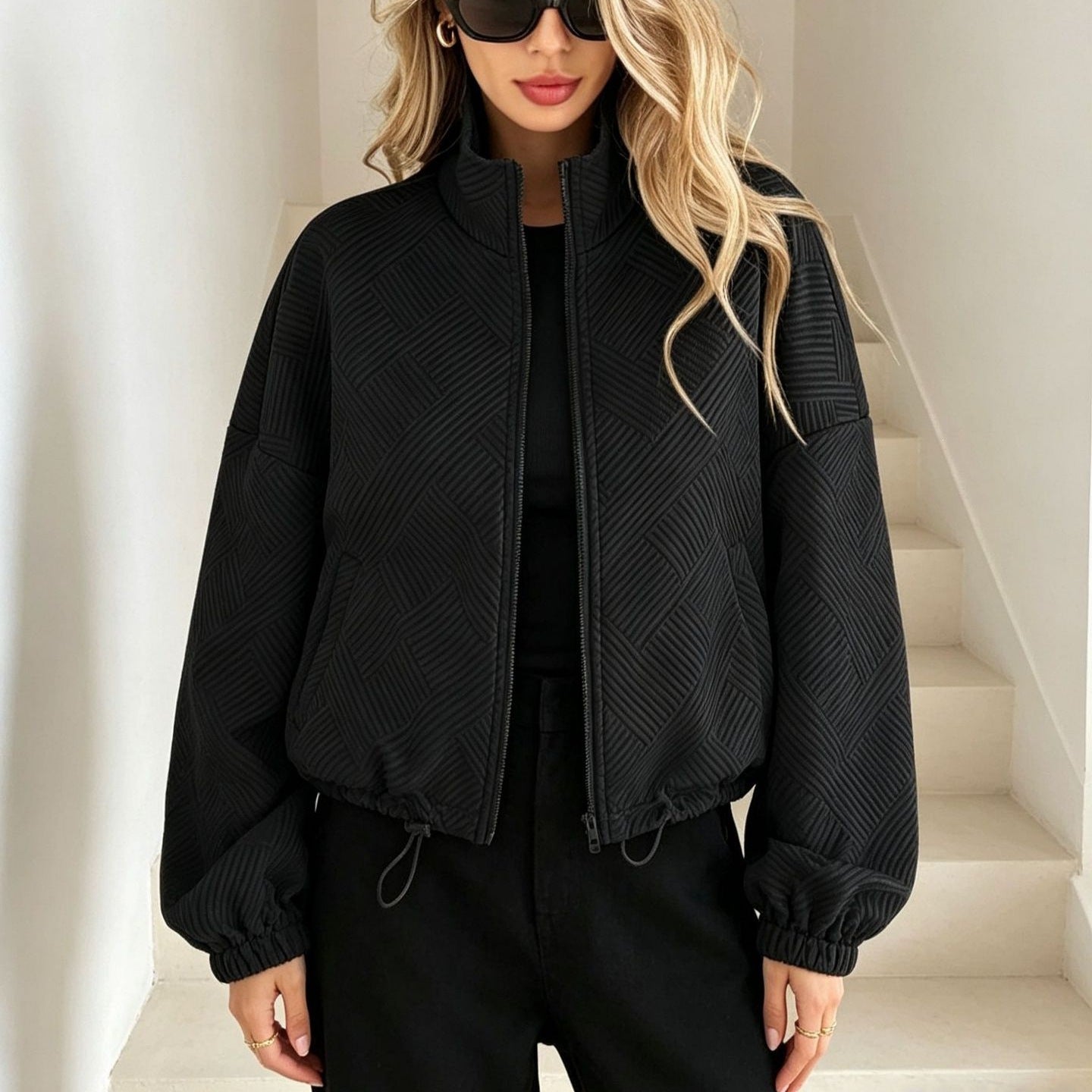 Women's Quilted Bomber Jacket with Geometric Structure, Stand-up Collar and Drawstring Hood