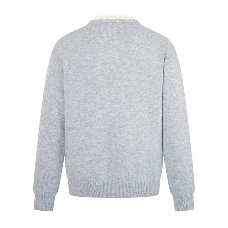 Men's Fine V-Neck Sweater with Layered Look and Stand-Up Collar Inner Part Chichicherry