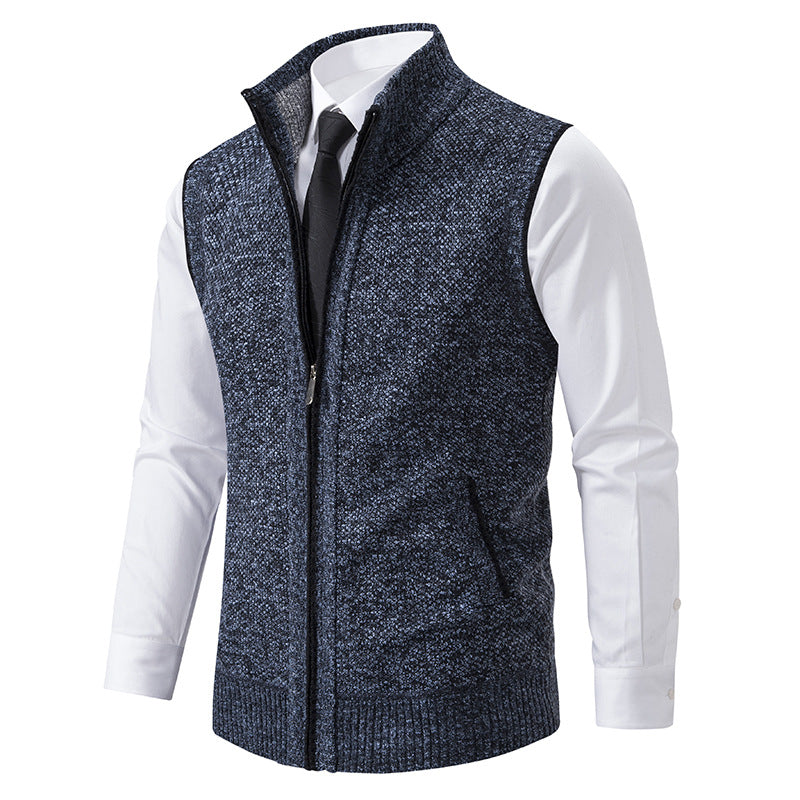 Men's Slim-Fit Sleeveless Structured Knit Vest with Stand Collar and Front Zipper Chichicherry