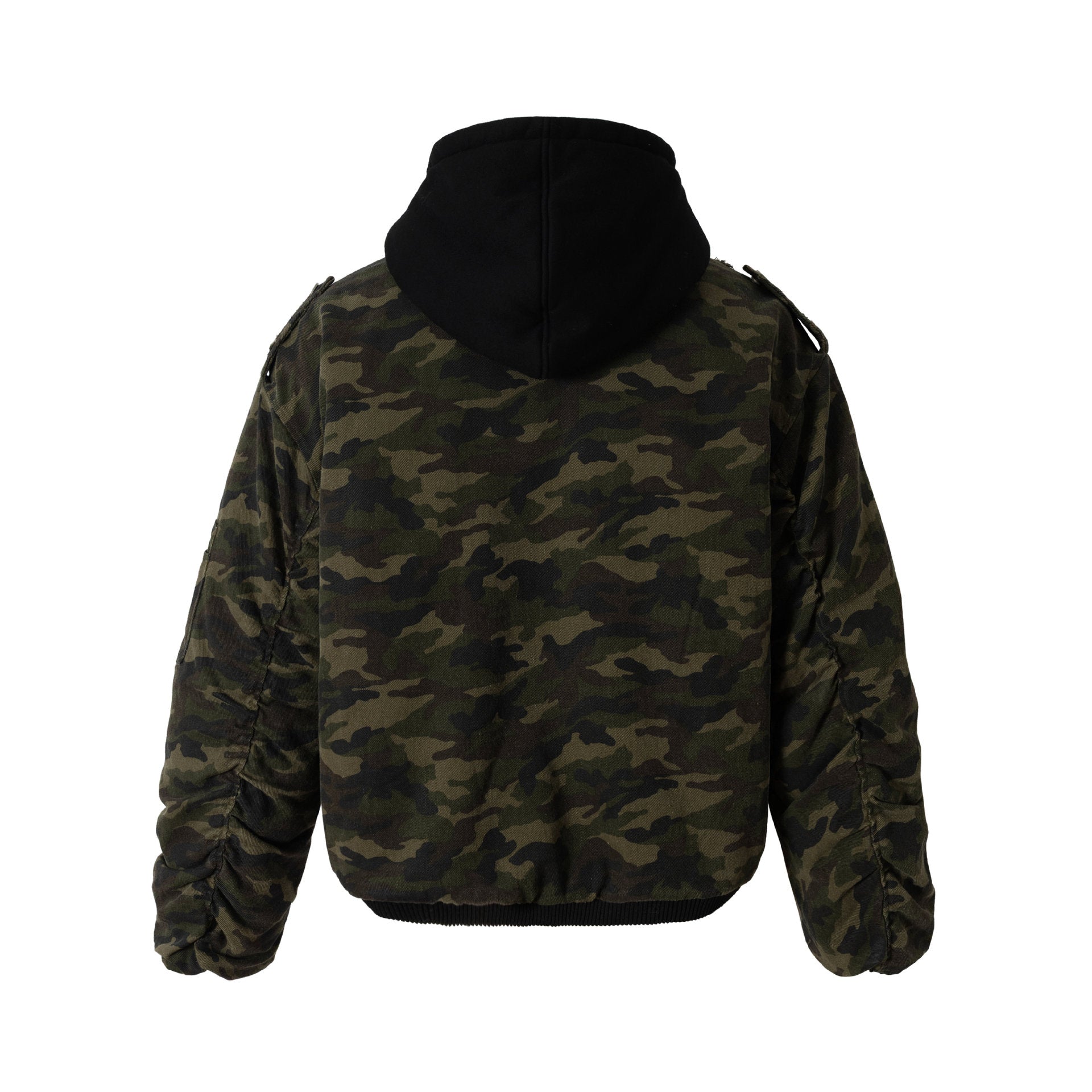 Men's Camouflage Utility Bomber Jacket with Hood, Distressed Details and Hook Closure Chichicherry