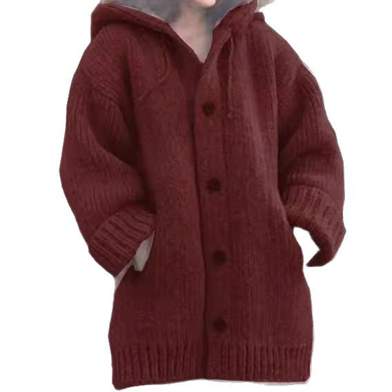 Women's loose-fitting hoodie knit coat with button placket and side pockets Chichicherry