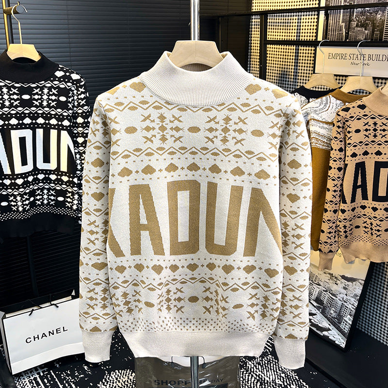 Herren Rollkragenpullover mit Norweger-Jacquard und großflächigem Logoprint Chichicherry