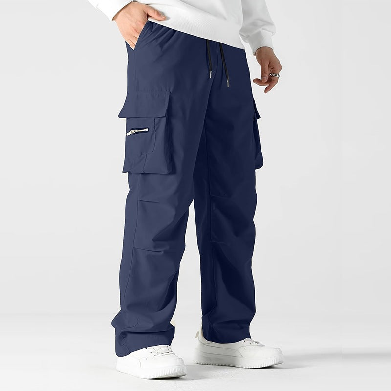 Men's wide utility cargo pants with drawstring waistband, knee patches, and multi-functional pockets Chichicherry