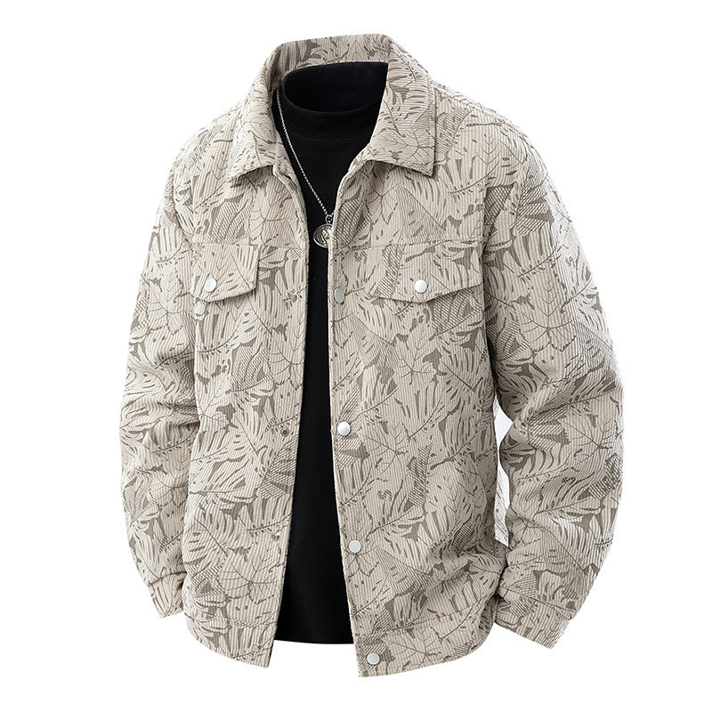 Men's corduroy trucker jacket with jacquard leaf pattern and snap button placket Chichicherry