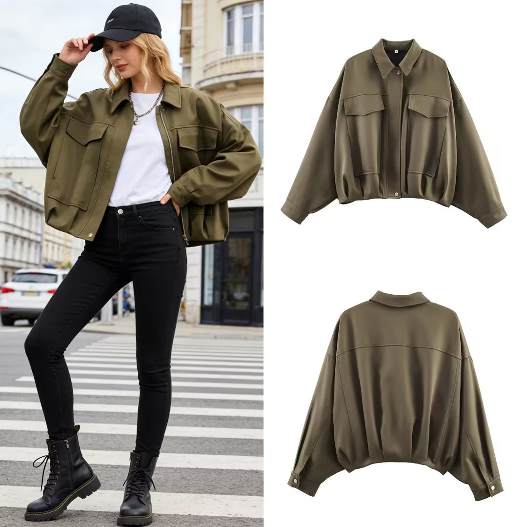 Women's Oversized Short Jacket with Flap Pockets, Drop Sleeves, and Elastic Hem Chichicherry