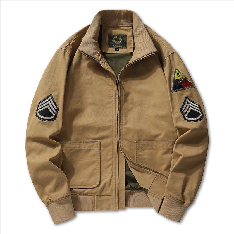 Men's military-inspired canvas bomber jacket with patches, stand-up collar, and utility pockets Chichicherry