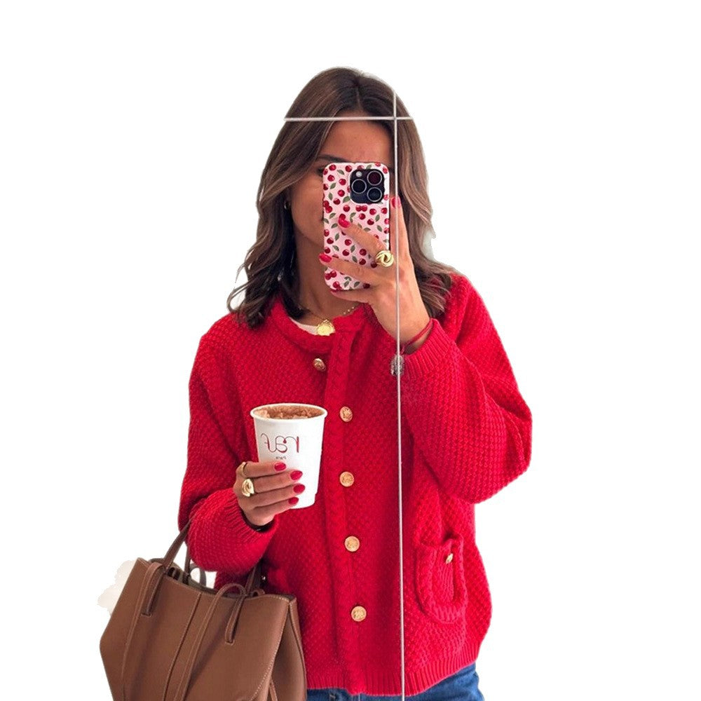 Women Structured Knit Cardigan with Cable Pattern and Golden Decorative Buttons Chichicherry
