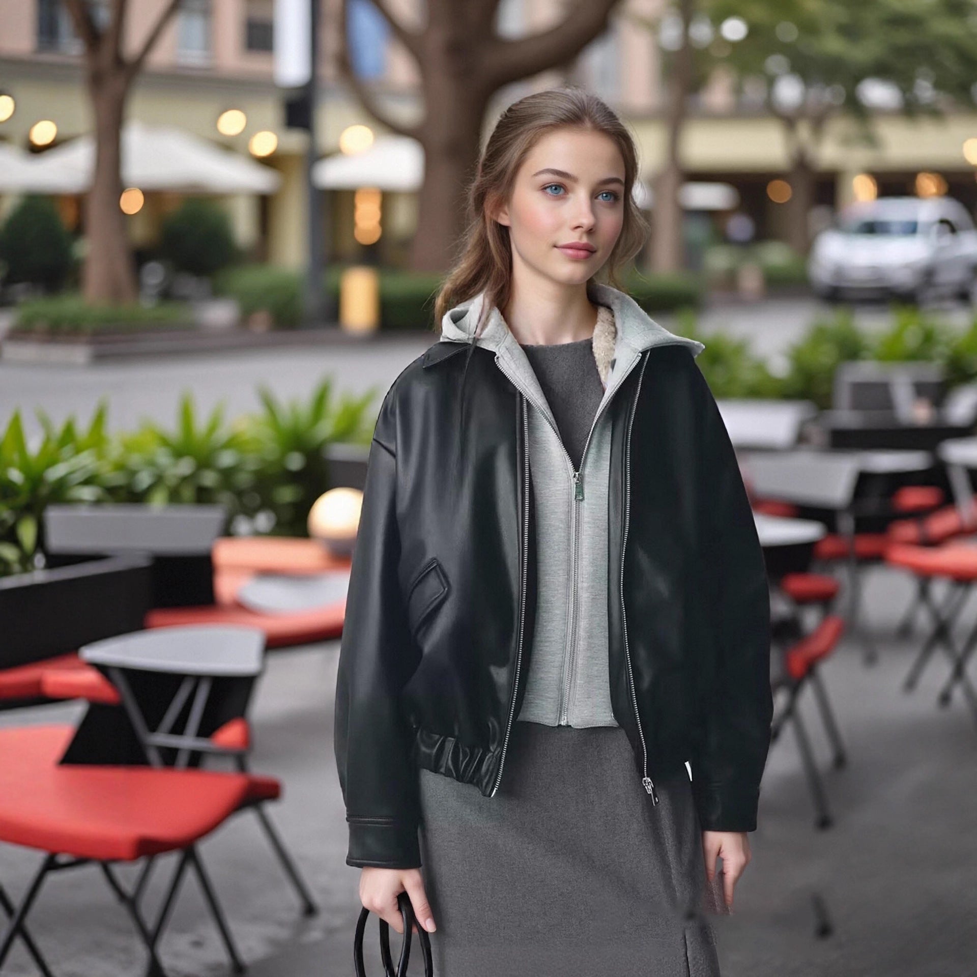 Women Oversize Faux Leather Blouson with Hood Insert and Flap Pockets Chichicherry