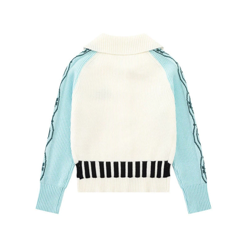 Women's cardigan with contrast sleeves, musical embroidery and polo collar Chichicherry