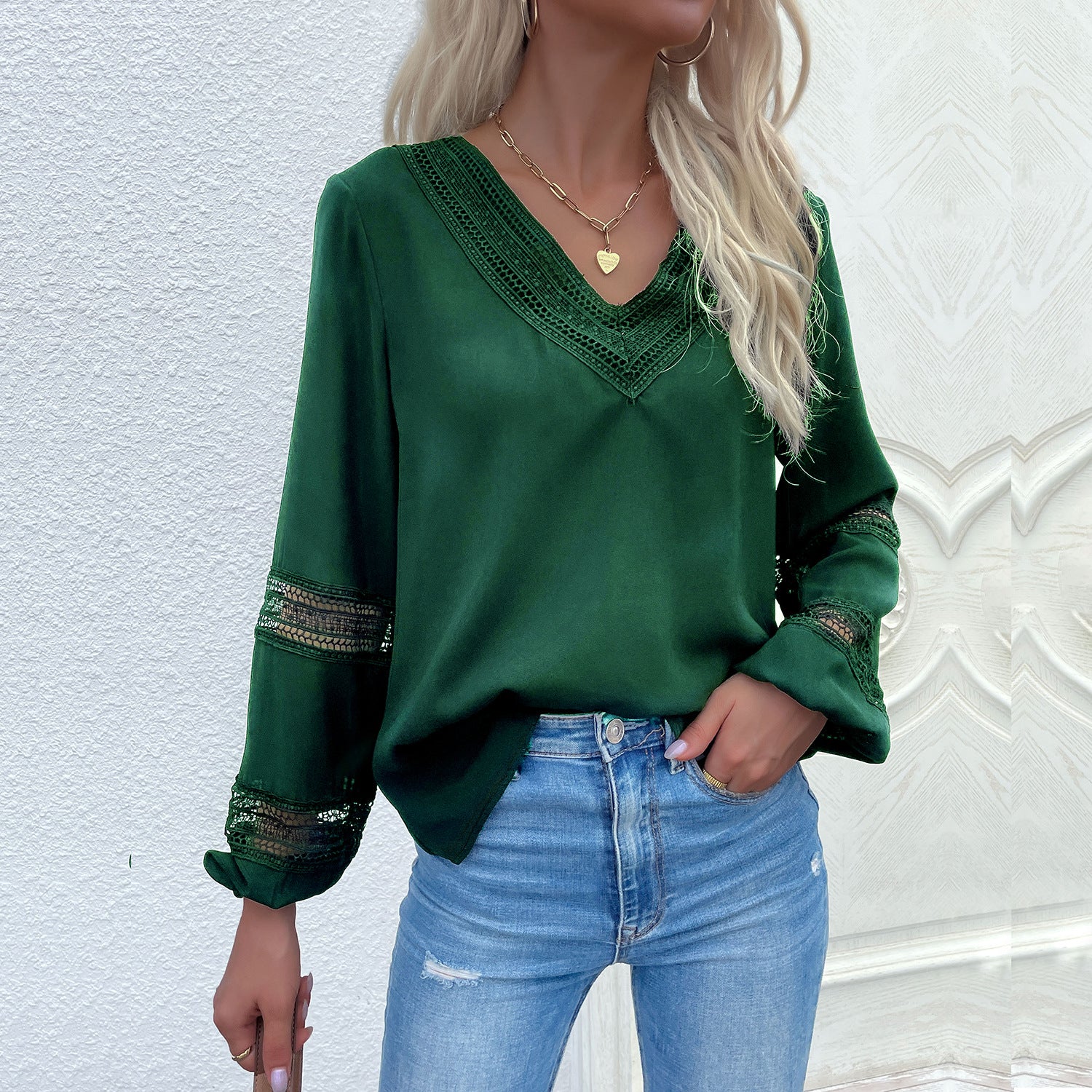 Ladies satin blouse with V-neck, decorative lace yoke and sleeves with lace insert Chichicherry