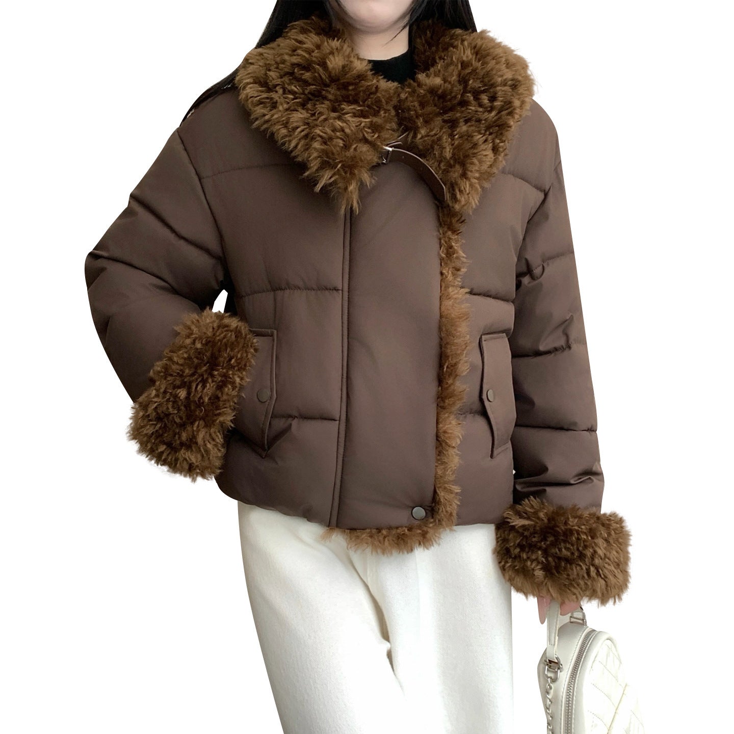 Women nan short oversized puffer jacket with teddy lining, lapel collar and buckle closure Chichicherry
