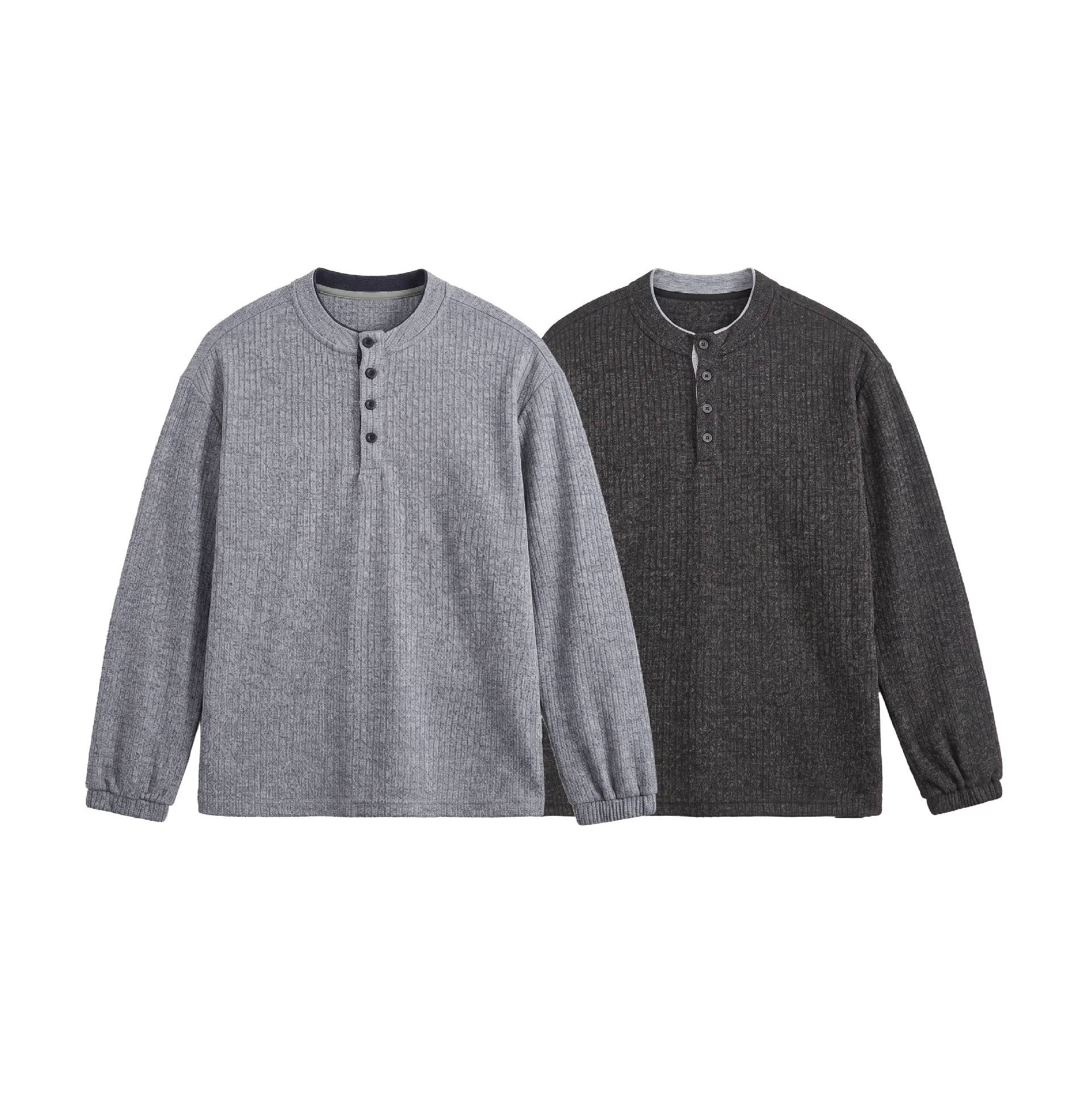 Men's ribbed structure Henley pullover with stand-up collar and button placket Chichicherry
