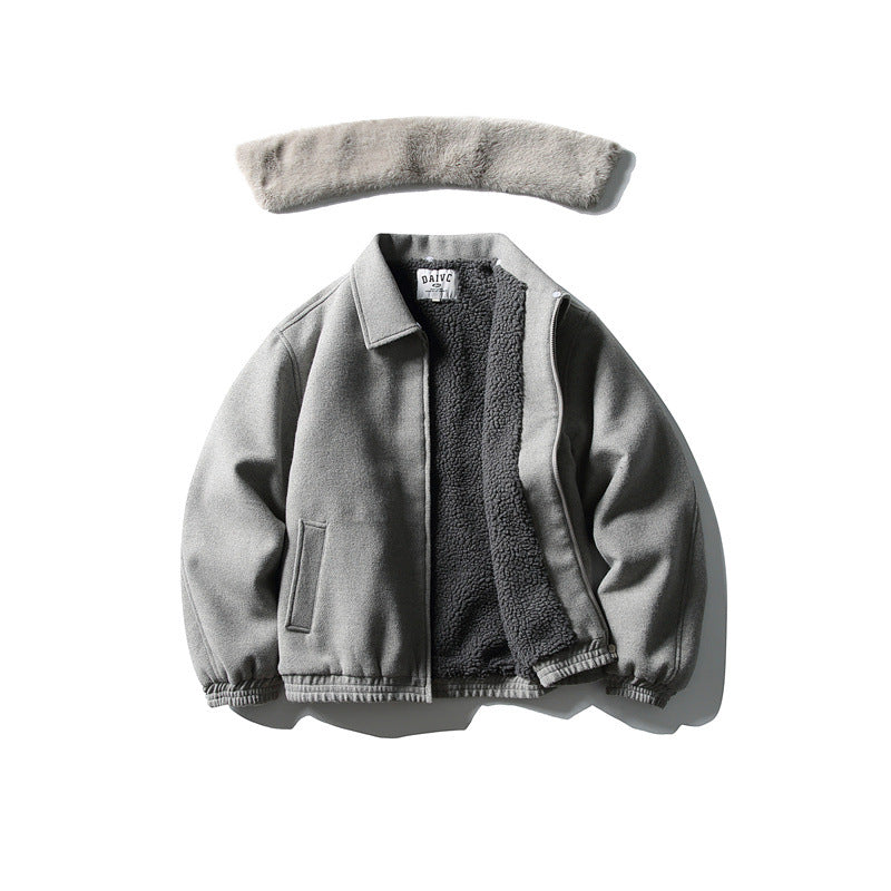 Men's Short Boxy Wool Blend Pilot Jacket with Faux Fur Collar and Elastic Hem Chichicherry