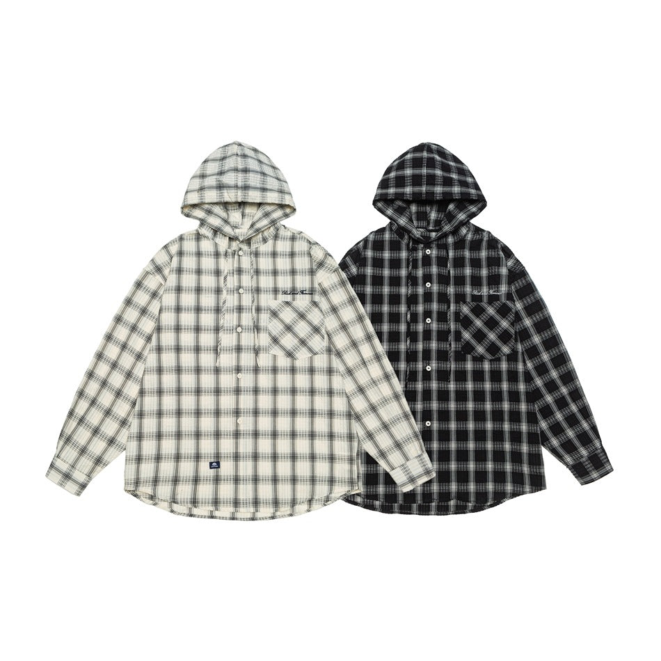 Unisex Hooded Overshirt in Checkered Flannel Look with Chest Pocket and Button Placket Chichicherry