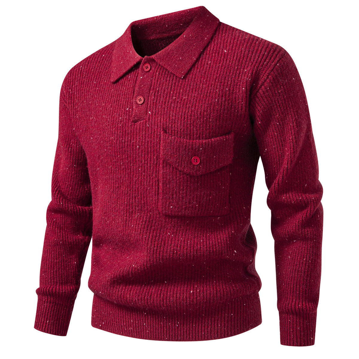 Men's ribbed knit polo collar sweater with patch chest pocket Chichicherry