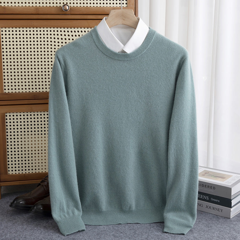 Men's Simple Round Neck Fine Knit Sweater Cashmere-like Feel with Ribbed Trims Chichicherry
