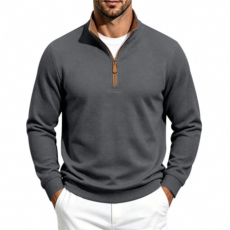 Men's Texture Half-Zip Pullover with Stand Collar and Contrast Inner Collar Chichicherry