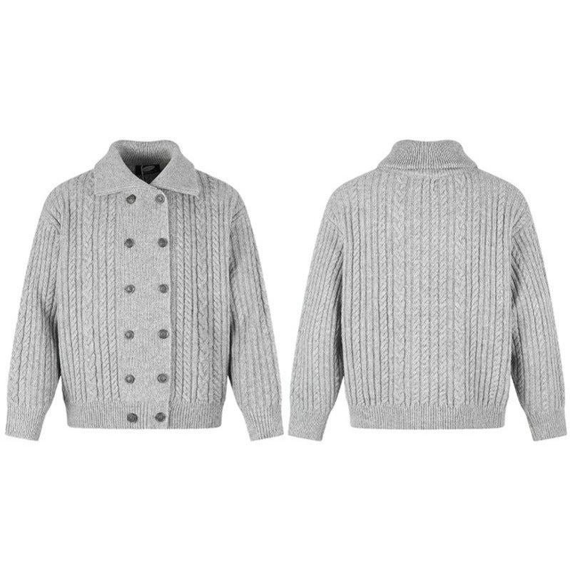 Women's Double-Breasted Cable Knit Cardigan with Shirt Collar and Ribbed Cuffs Chichicherry