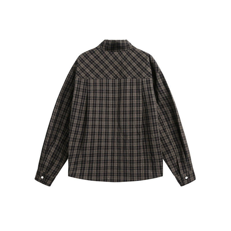 Women's Checked Oversized Shirt Blouse with Chest Pocket and Decorative Text Print Chichicherry