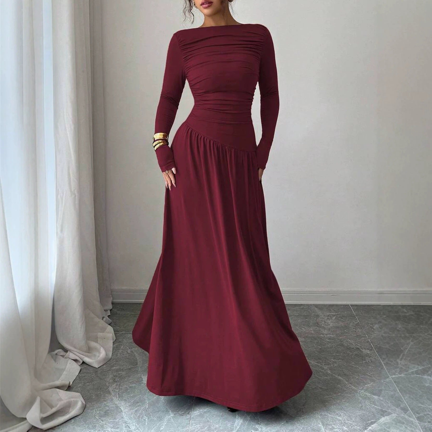 Ladies Maxi Dress with Ruched Bodice, Fitted Waist and Long Sleeve Chichicherry