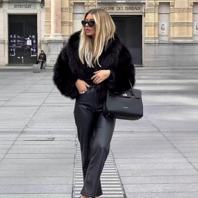 Women Short Cropped Faux Fur Blouson with Voluminous Shawl Collar and Soft Inner Lining Chichicherry