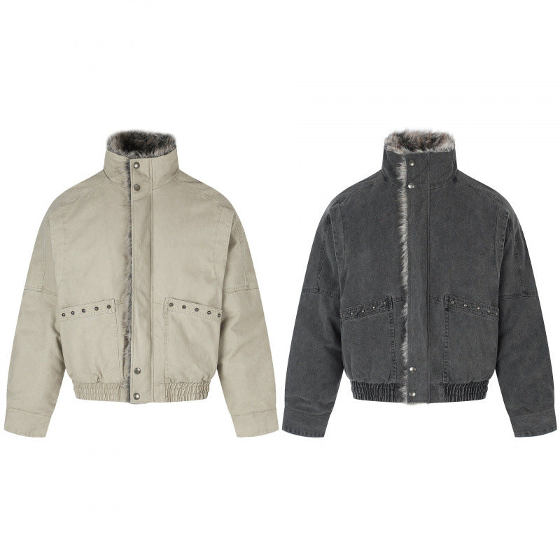 Women's Short Cut Corduroy Look Blouson Jacket with Faux Fur Lining and High Standing Collar Chichicherry