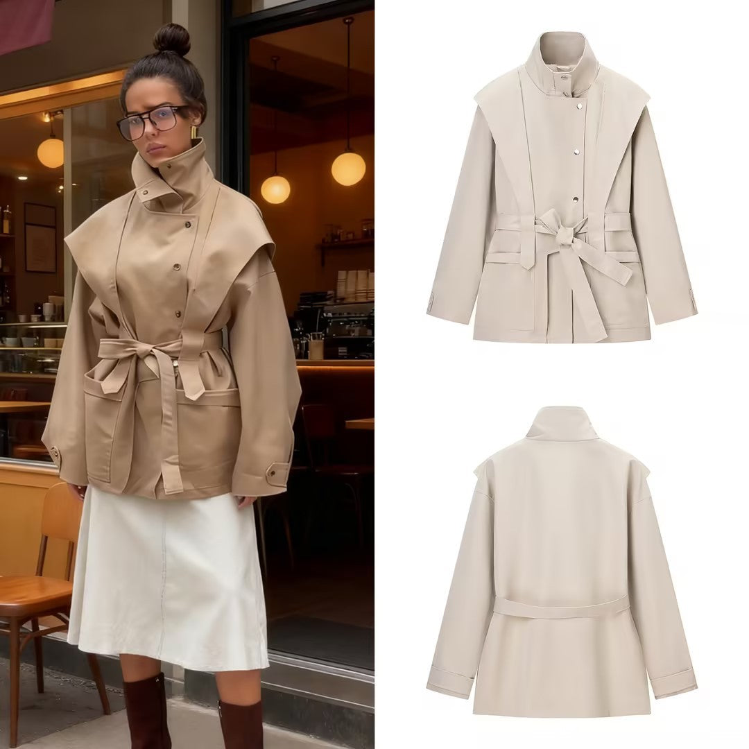Women's Short Tailored Rain Jacket with Cape Shoulder Detail and Ties Belt Chichicherry