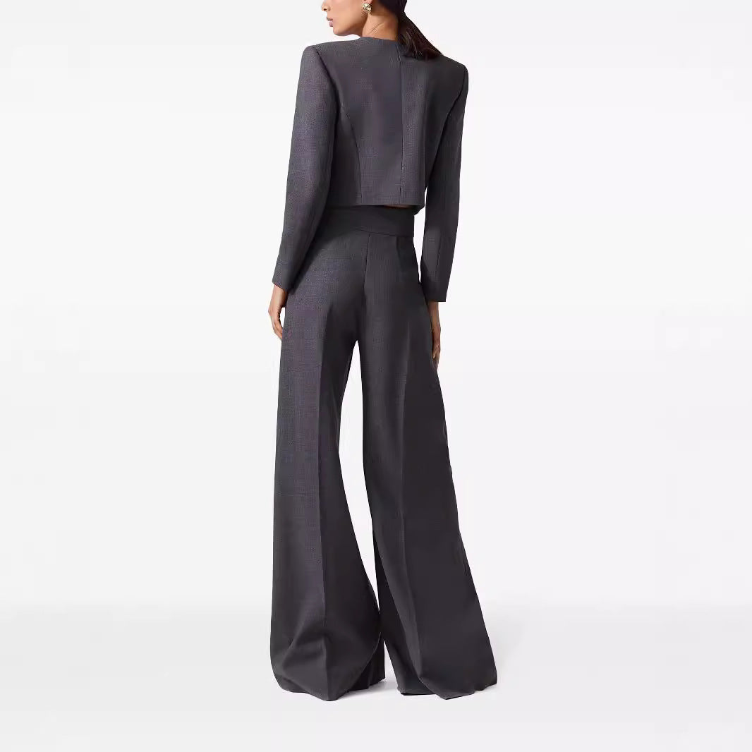 Women's Two-Piece Tailoring Suit Short Blazer with Distinctive Shoulder and High-Waisted Palazzo Pants Chichicherry